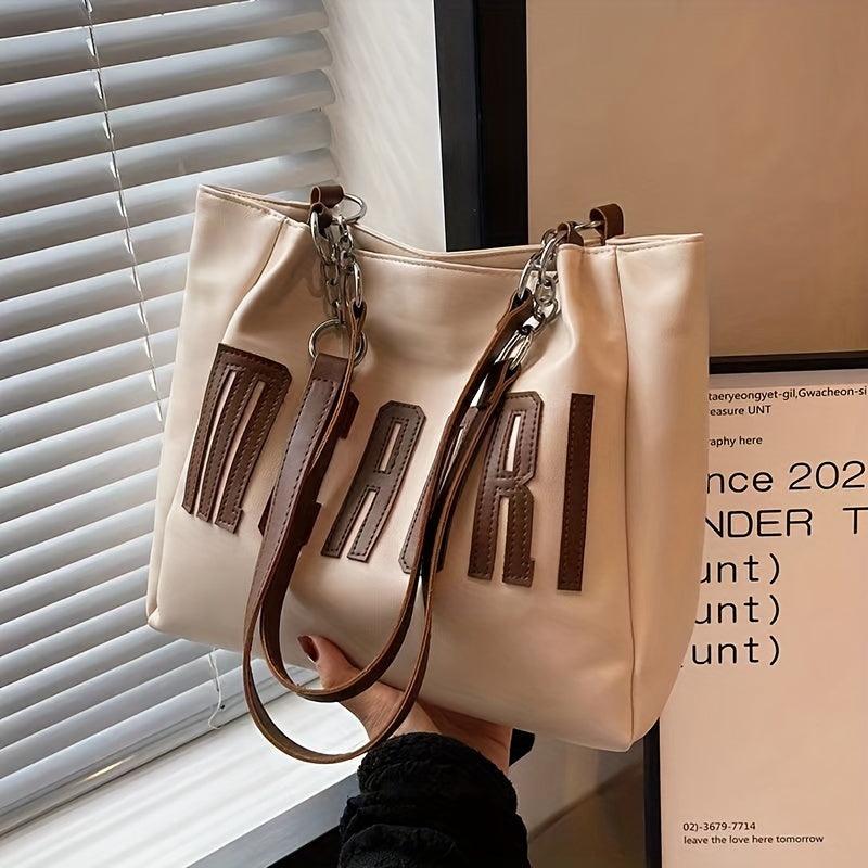 Letter Patch Tote Bag Faux Leather Handbag Large Capacity Shoulder Bag
