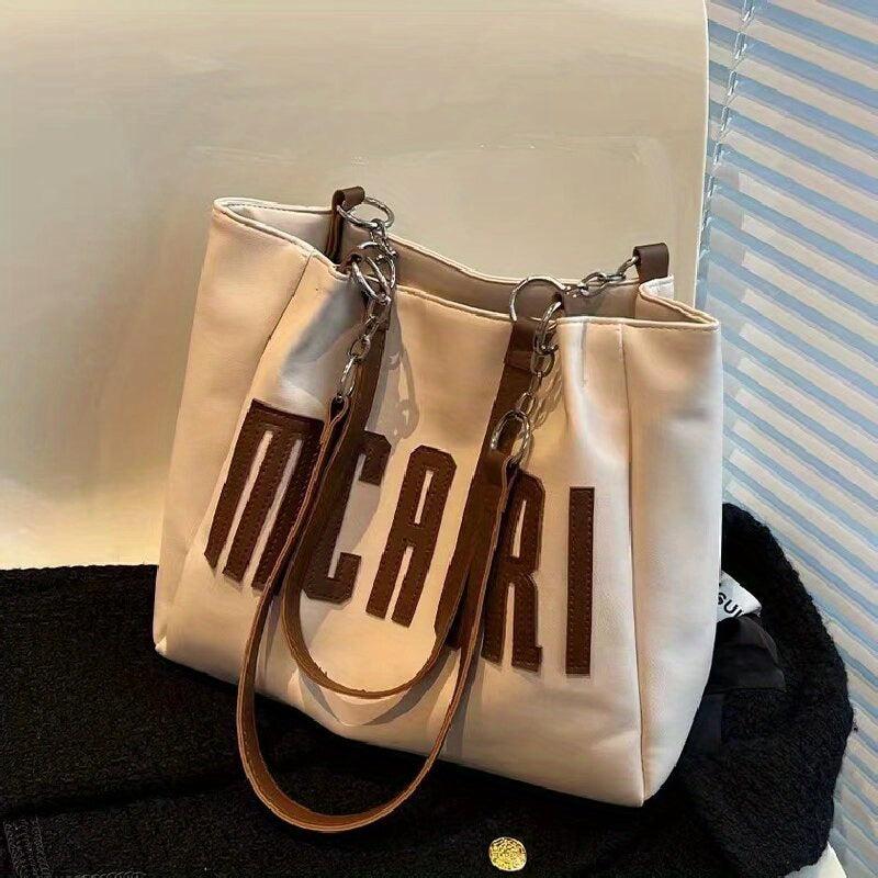 Letter Patch Tote Bag Faux Leather Handbag Large Capacity Shoulder Bag