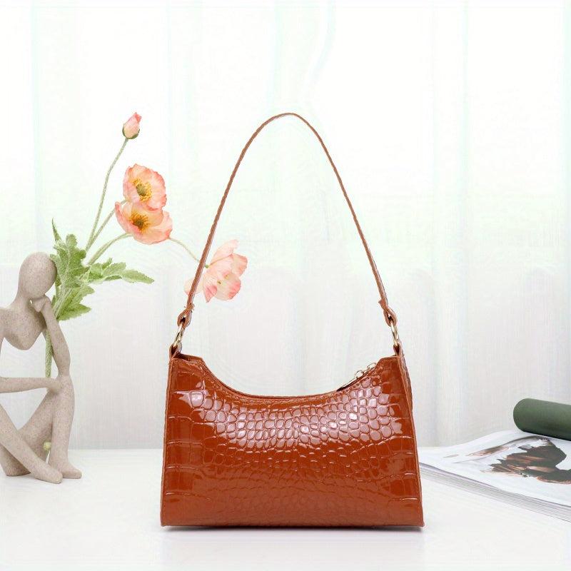 Retro Crocodile Underarm Bag Solid Faux Leather Shoulder Bag