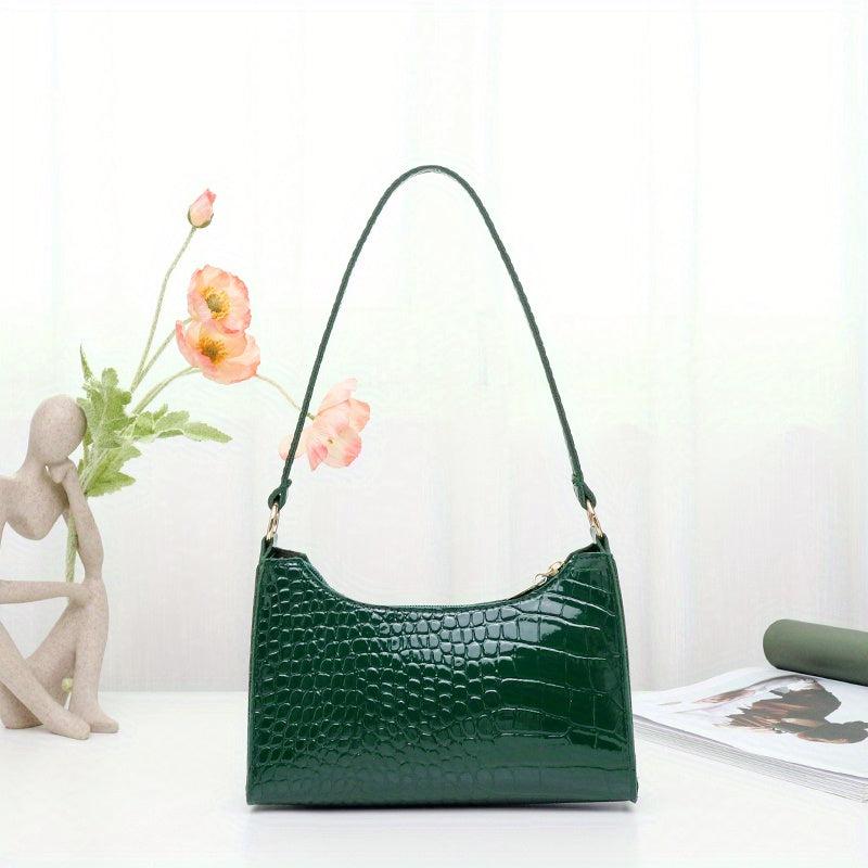 Retro Crocodile Underarm Bag Solid Faux Leather Shoulder Bag