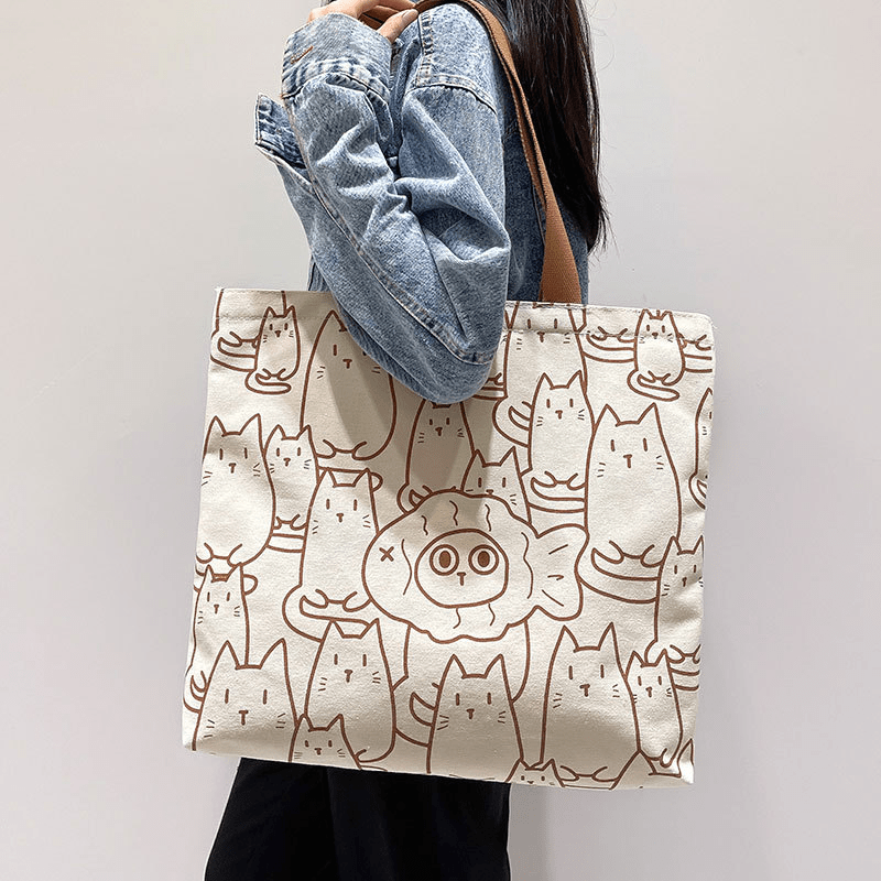 Bear Print Canvas Tote Bag Large Capacity Shoulder Bag Cartoon School Handbag