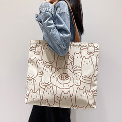 Bear Print Canvas Tote Bag Large Capacity Shoulder Bag Cartoon School Handbag