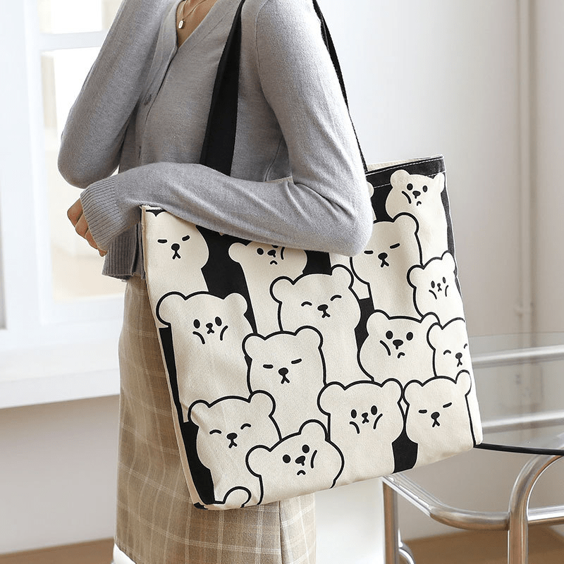 Bear Print Canvas Tote Bag Large Capacity Shoulder Bag Cartoon School Handbag