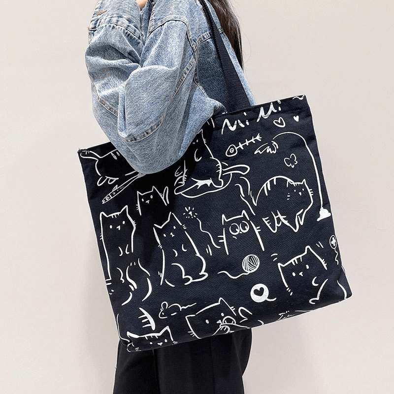 Bear Print Canvas Tote Bag Large Capacity Shoulder Bag Cartoon School Handbag