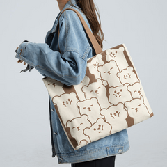 Bear Print Canvas Tote Bag Large Capacity Shoulder Bag Cartoon School Handbag
