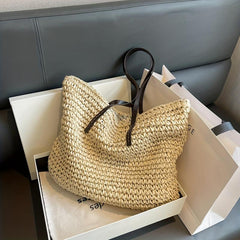 Straw Woven Large Tote Bag Zipper Shoulder Bag Summer Beach Handbag