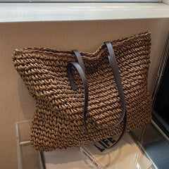Straw Woven Large Tote Bag Zipper Shoulder Bag Summer Beach Handbag