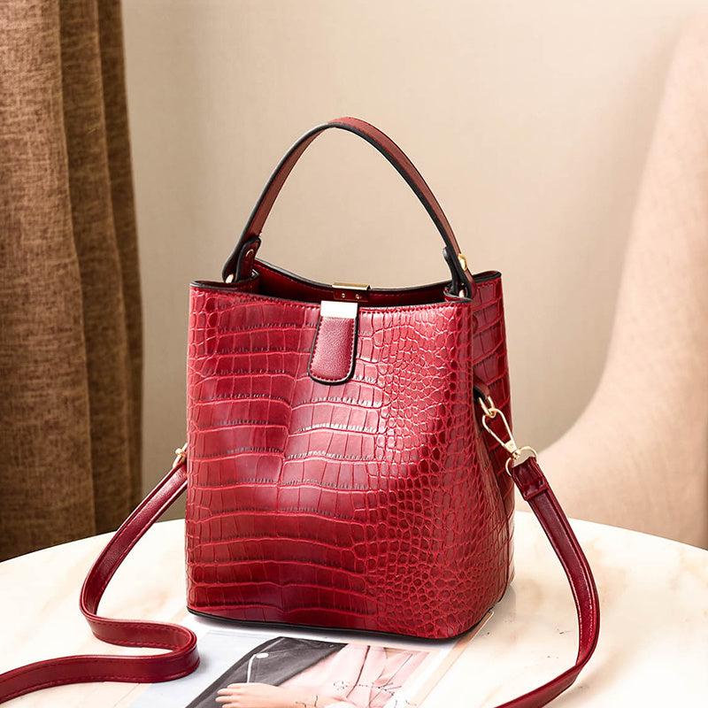 Crocodile Embossed Bucket Bag Faux Leather Shoulder Bag Women's Top Handle Purse