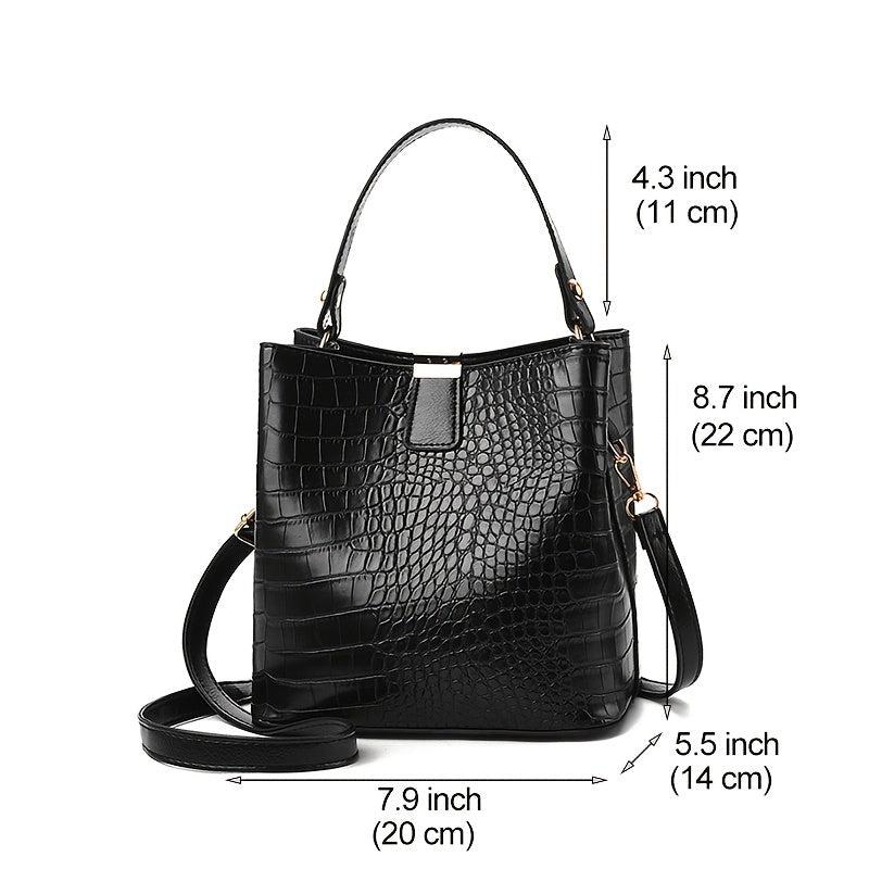 Crocodile Embossed Bucket Bag Faux Leather Shoulder Bag Women's Top Handle Purse