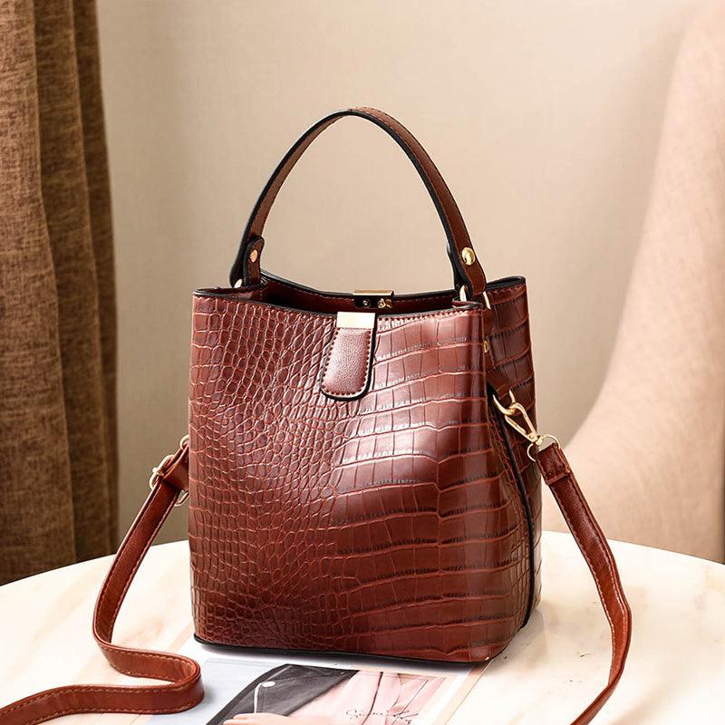 Crocodile Embossed Bucket Bag Faux Leather Shoulder Bag Women's Top Handle Purse