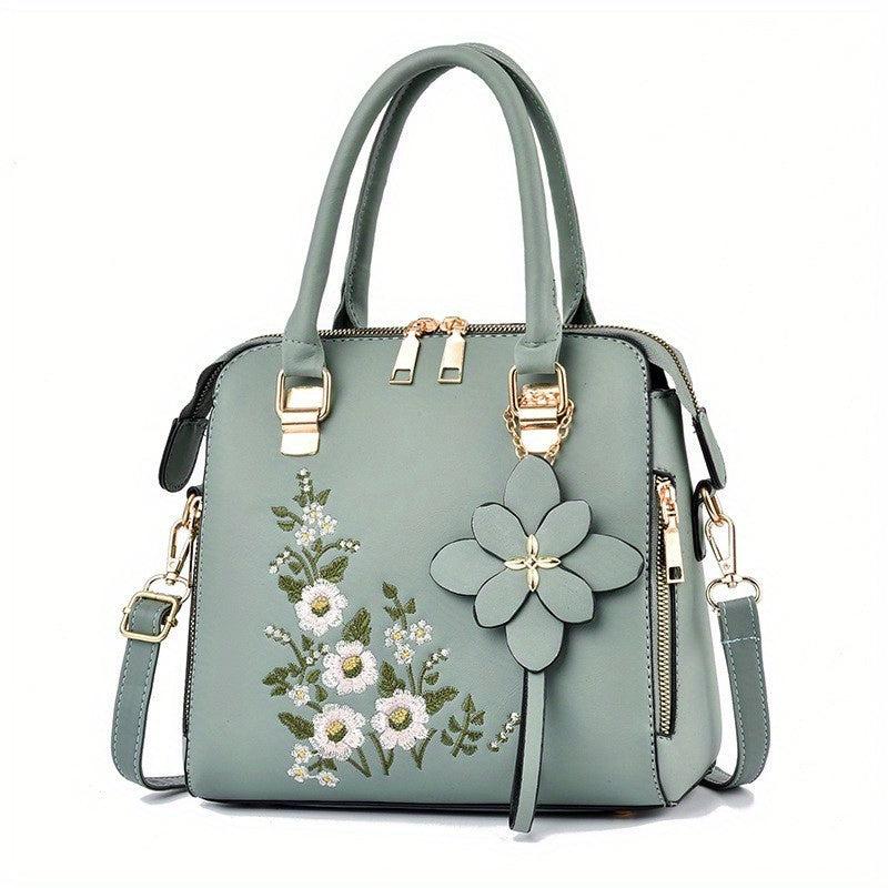 Flower Embroidered Tote Bag Classic Satchel Shoulder Bag