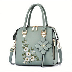 Flower Embroidered Tote Bag Classic Satchel Shoulder Bag