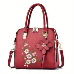 Flower Embroidered Tote Bag Classic Satchel Shoulder Bag