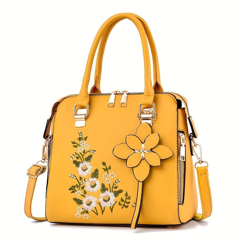 Flower Embroidered Tote Bag Classic Satchel Shoulder Bag