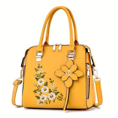 Flower Embroidered Tote Bag Classic Satchel Shoulder Bag