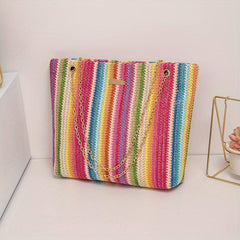 Colorful Straw Shoulder Chain Bag All Match Niche Bag For Work & Travel