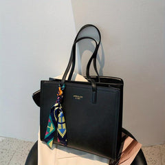 Solid Tote Bag Large Capacity Shoulder Bag with Scarf for Women