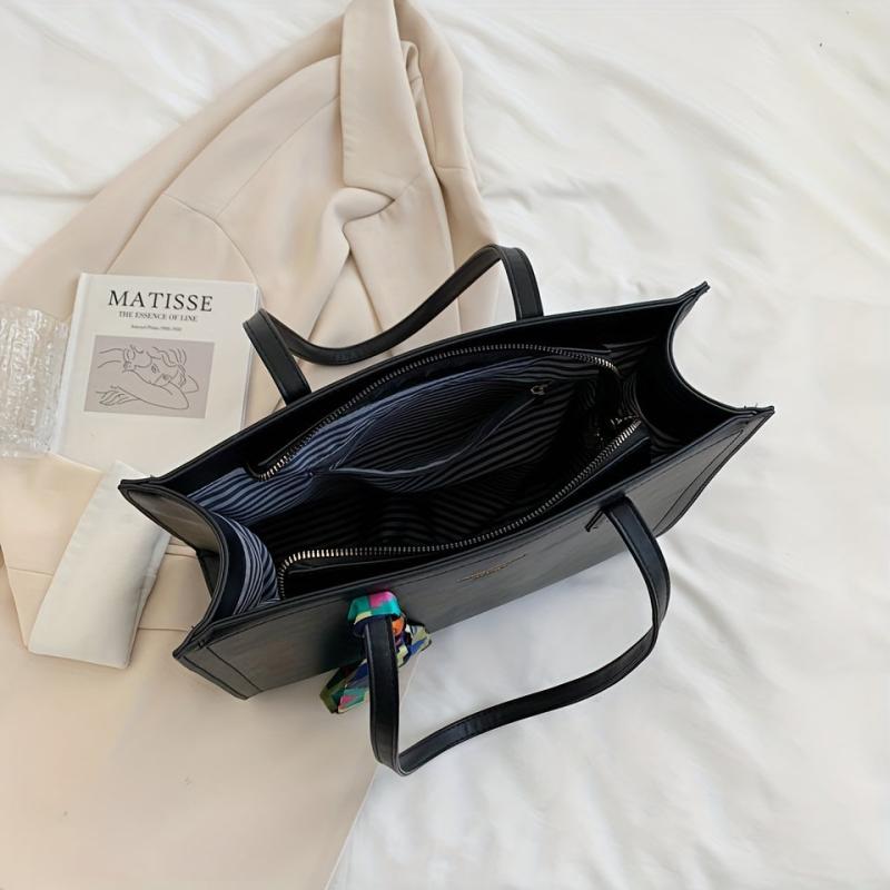 Solid Tote Bag Large Capacity Shoulder Bag with Scarf for Women