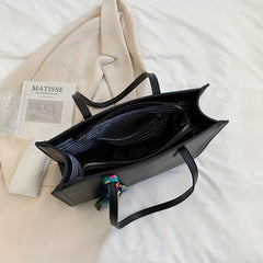 Solid Tote Bag Large Capacity Shoulder Bag with Scarf for Women