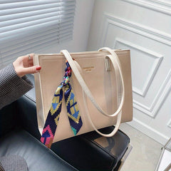 Solid Tote Bag Large Capacity Shoulder Bag with Scarf for Women