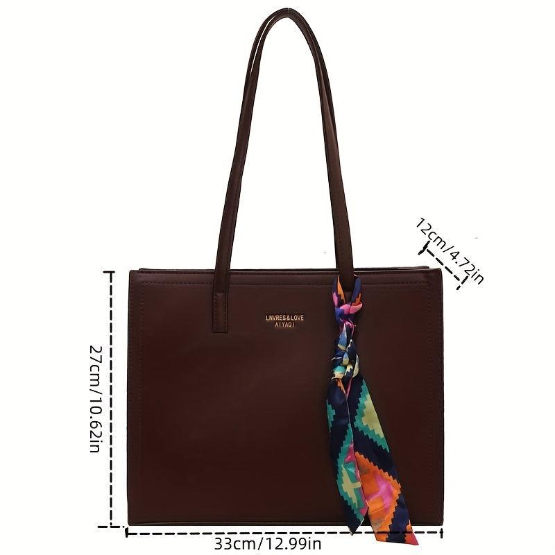 Solid Tote Bag Large Capacity Shoulder Bag with Scarf for Women