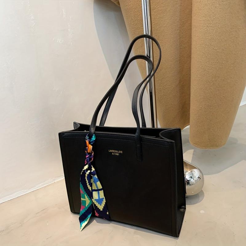 Solid Tote Bag Large Capacity Shoulder Bag with Scarf for Women
