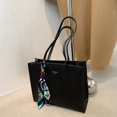 Solid Tote Bag Large Capacity Shoulder Bag with Scarf for Women