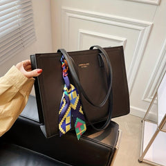 Solid Tote Bag Large Capacity Shoulder Bag with Scarf for Women