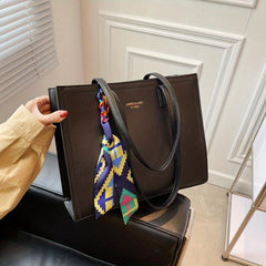 Solid Tote Bag Large Capacity Shoulder Bag with Scarf for Women