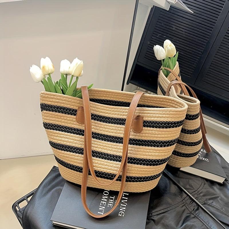 Boho Style Woven Beach Bag Portable Tote for Travel Shopping