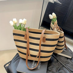Boho Style Woven Beach Bag Portable Tote for Travel Shopping