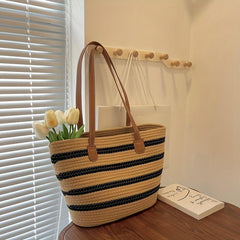 Boho Style Woven Beach Bag Portable Tote for Travel Shopping