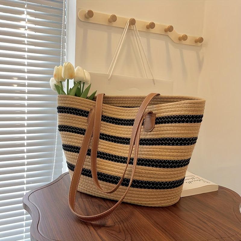 Boho Style Woven Beach Bag Portable Tote for Travel Shopping