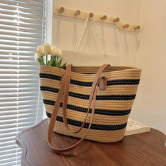 Boho Style Woven Beach Bag Portable Tote for Travel Shopping
