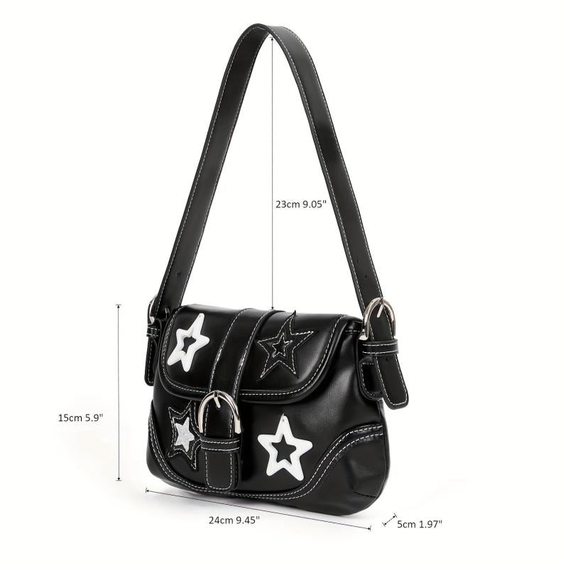 Y2K Star Decor Shoulder Bag Buckle Decor Underarm Purse Flap Handbag