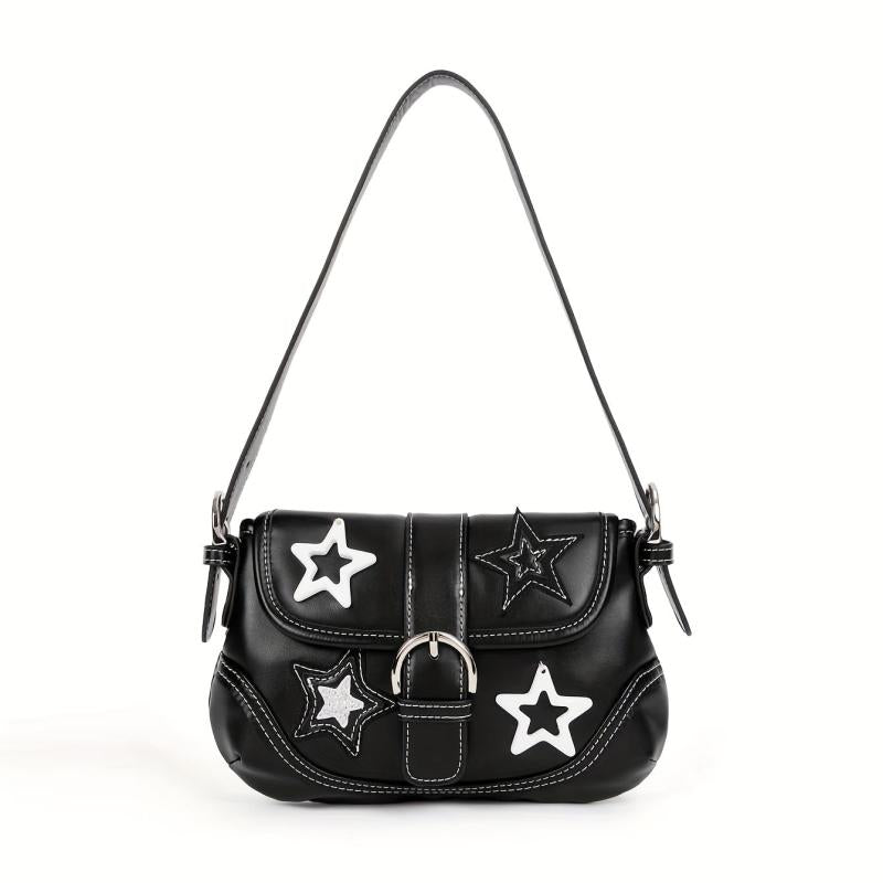 Y2K Star Decor Shoulder Bag Buckle Decor Underarm Purse Flap Handbag
