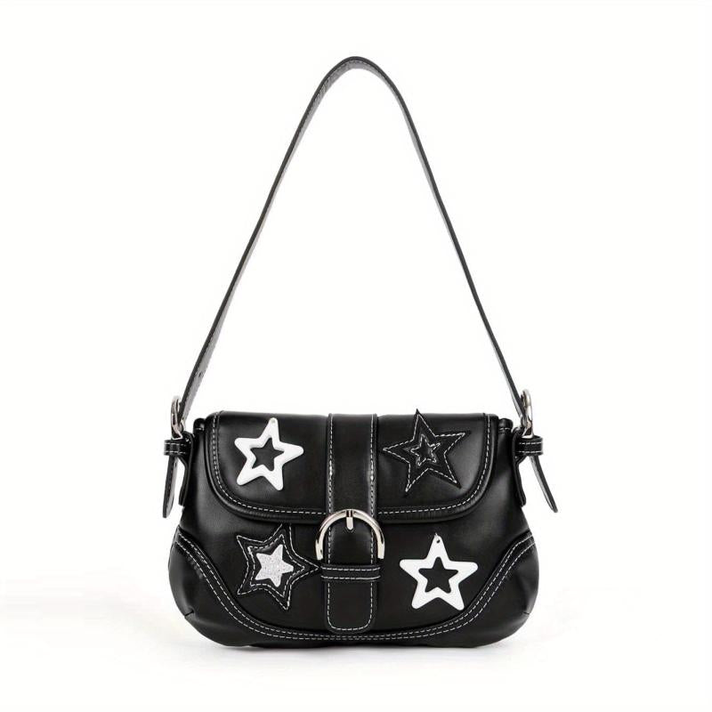 Y2K Star Decor Shoulder Bag Buckle Decor Underarm Purse Flap Handbag