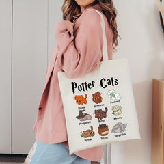 Magic Cat Pattern Canvas Tote Bag Anime Shoulder Bag Reusable Shopping Handbag
