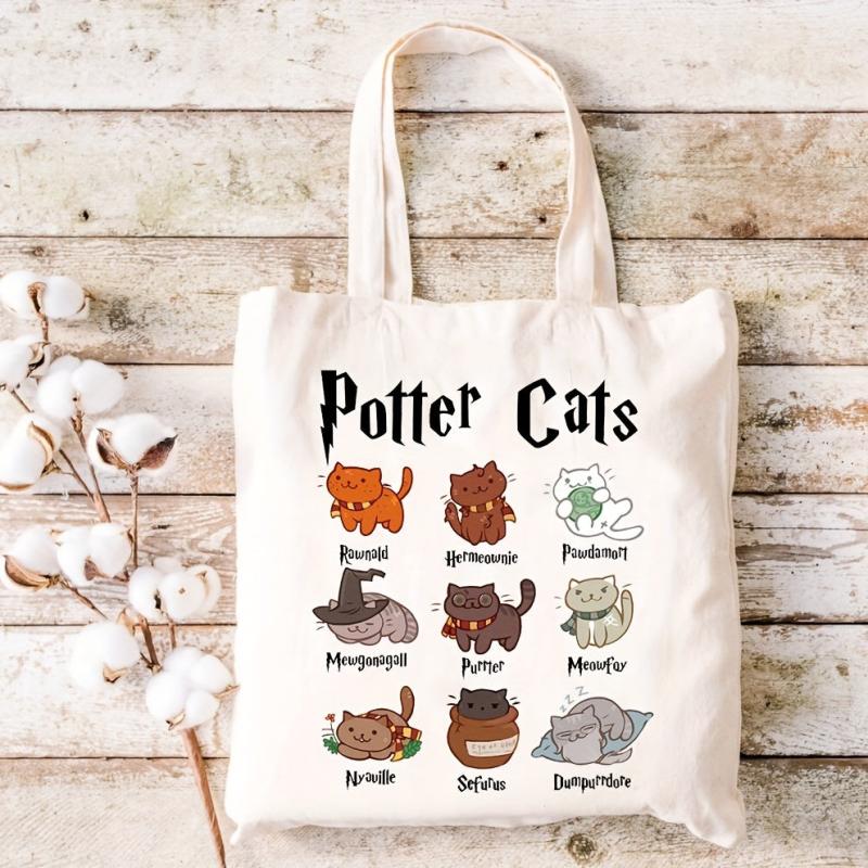 Magic Cat Pattern Canvas Tote Bag Anime Shoulder Bag Reusable Shopping Handbag