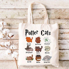Magic Cat Pattern Canvas Tote Bag Anime Shoulder Bag Reusable Shopping Handbag