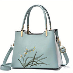 Floral Embroidered Shoulder Bag Top Handle Satchel Purse Classic Handbag