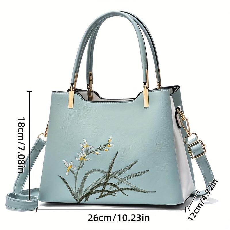 Floral Embroidered Shoulder Bag Top Handle Satchel Purse Classic Handbag