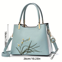 Floral Embroidered Shoulder Bag Top Handle Satchel Purse Classic Handbag