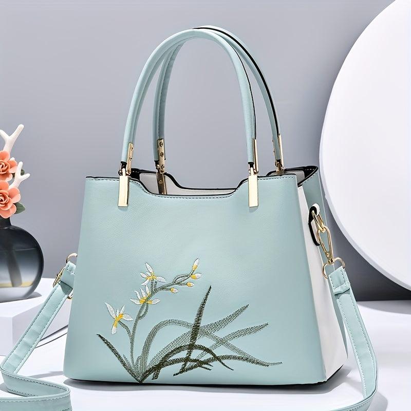 Floral Embroidered Shoulder Bag Top Handle Satchel Purse Classic Handbag