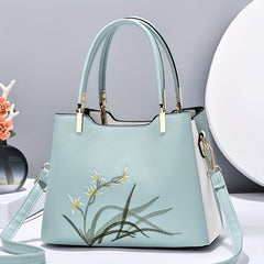 Floral Embroidered Shoulder Bag Top Handle Satchel Purse Classic Handbag