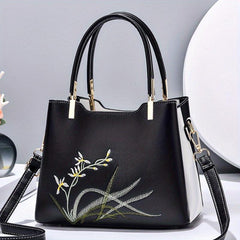 Floral Embroidered Shoulder Bag Top Handle Satchel Purse Classic Handbag