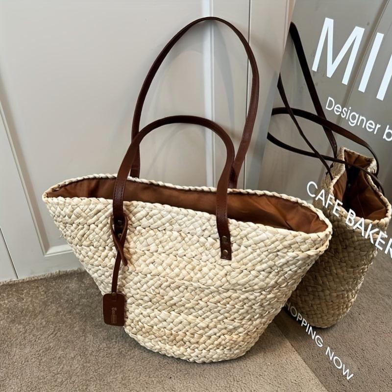 Summer Straw Woven Beach Bag Solid Shoulder Bag Vacation Tote