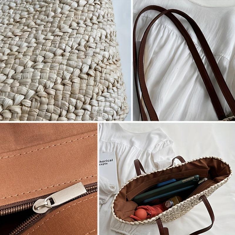 Summer Straw Woven Beach Bag Solid Shoulder Bag Vacation Tote
