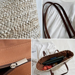 Summer Straw Woven Beach Bag Solid Shoulder Bag Vacation Tote