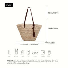 Summer Straw Woven Beach Bag Solid Shoulder Bag Vacation Tote